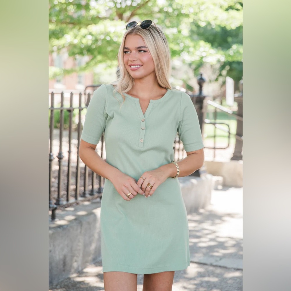 Green Button-Down Henley Mini Dress